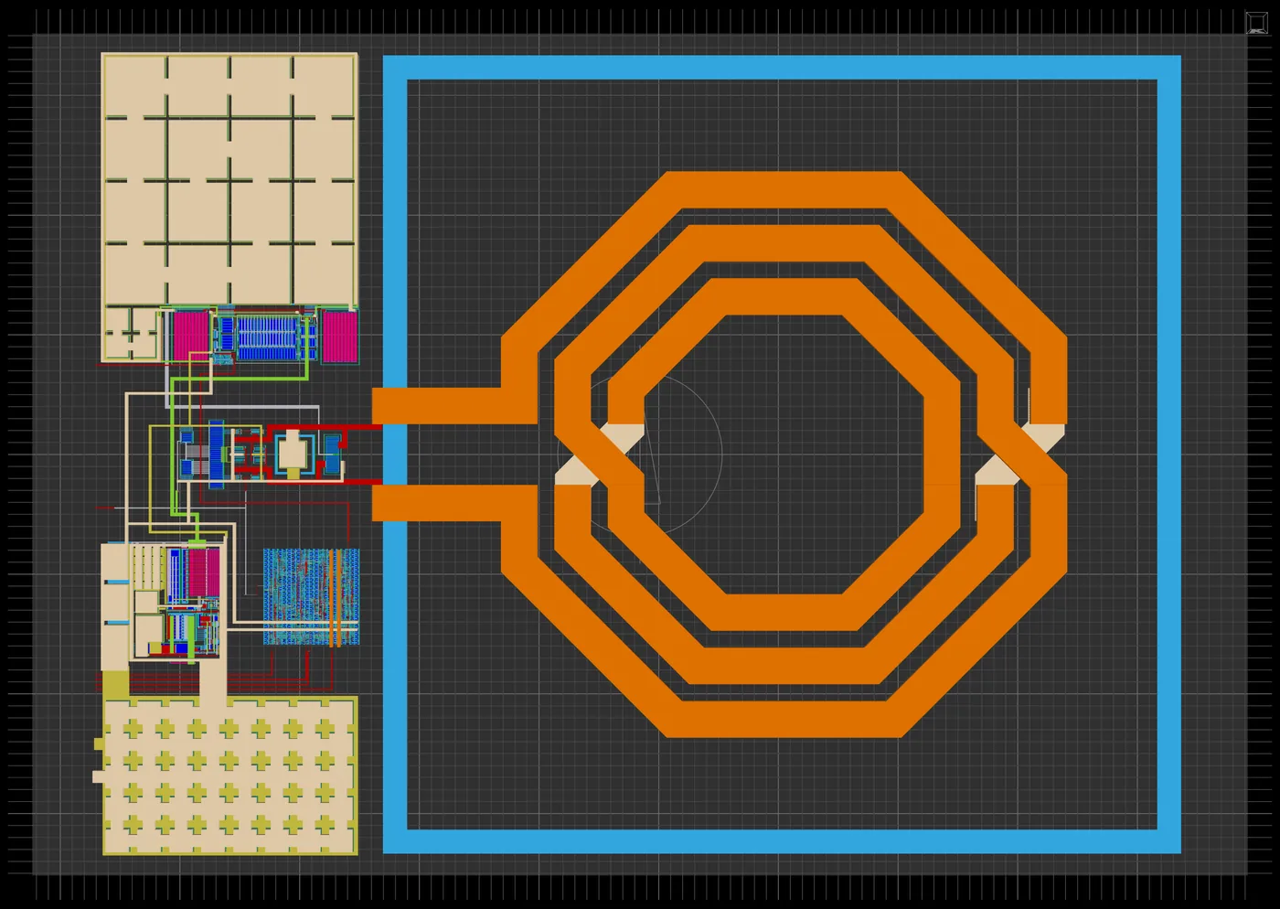 PLL layout with the custom 4 nH octagonal spiral inductor (2.5D view)